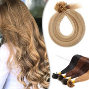 Extensiones de Cabello Humano de Fusión en Frío con Punta Plana de Queratina con Punta de U para Mujeres 100 Mechas 50g 18" #12P613 Rubio Dorado