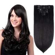 15" Clip in Hair Extensions Real Human Hair Off Black(#1B) 7pièces 120grammes