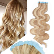 20 pulgadas de cinta en las extensiones de cabello ondulado de pelo humano de relieve el cuerpo de onda 40pcs 100g de pelo sin fisuras de la piel pegamento en piezas de cabello hum