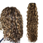 12'' Curly Clip in Hair Extensions Human Hair Brown Highlights Blond Water Wave Hair 100g 7Pcs Clip in Extensions Wavy Hair Blond Double Weft Clip on Hair Extensions Wavy