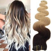 22 pulgadas de pelo humano ondulado con clip en extensiones de pelo brasileño rizado ombre de 2 tonos de color balayage que se desvanecen a los reflejos rubios de blanqueo de clip 