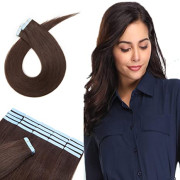 22" 30g Cinta en Extensiones de Cabello Humano Remy #2 Marrón Oscuro Delgado Pelo Liso sin Costuras Trama de Piel Invisible Cinta de Doble Cara 20pc/paquete +10 Bonos de Cinta 